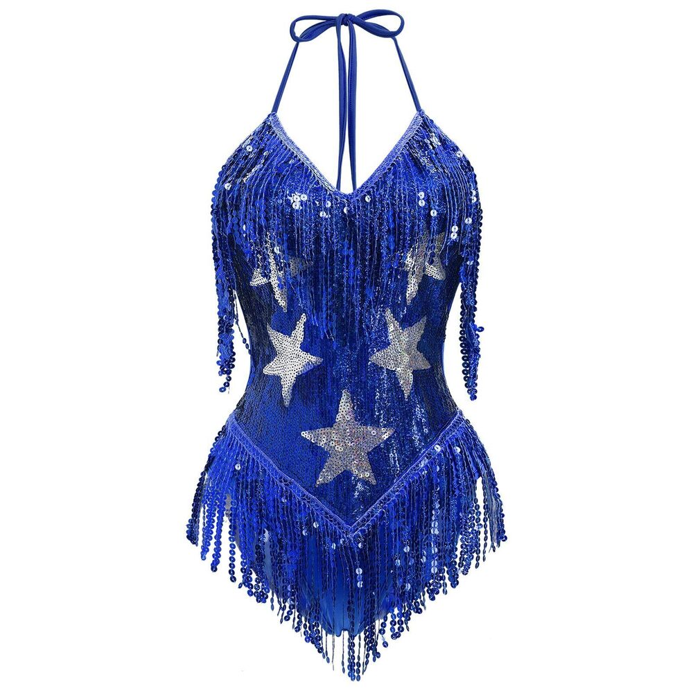 9460 Rave Outfits Music Festival Sexy Backless V Neck Star Sequins Tassel